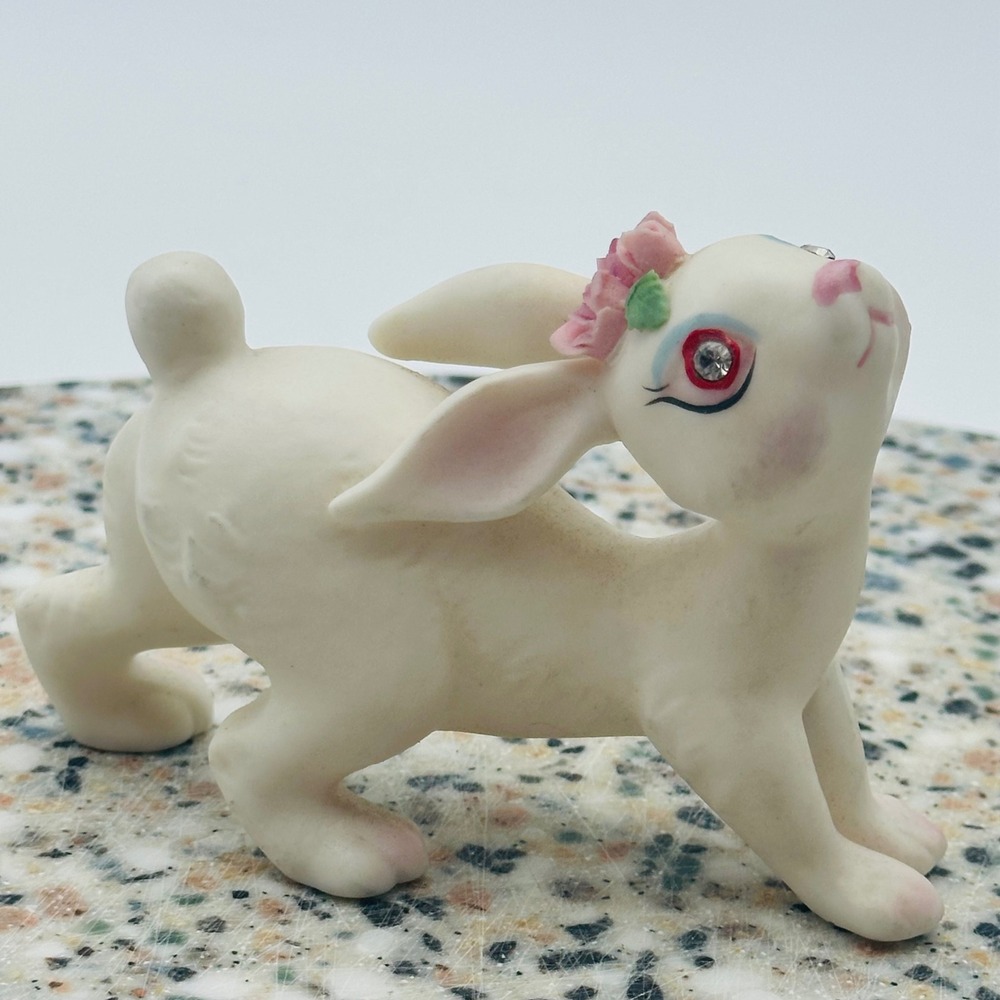 Lefton Vintage Ceramic Bunny Figurine Rabbit Rhinestone Eyes Anthropomorphic